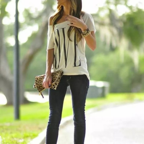 GRAY & WHITE OFF SHOULDER "LOVE"TOP, SHIRT,BLOUSE - Picture 4 of 4